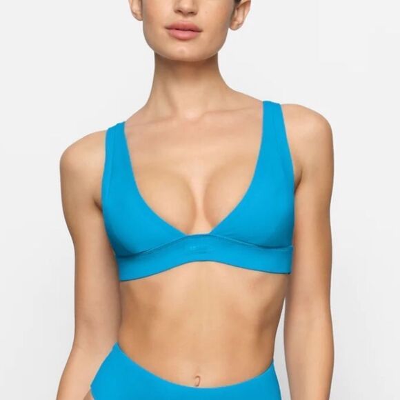 NWT SKIMS Signature Swim Plunge Bikini Top In Turquoise Blue Support Bikini Top - Picture 1 of 9